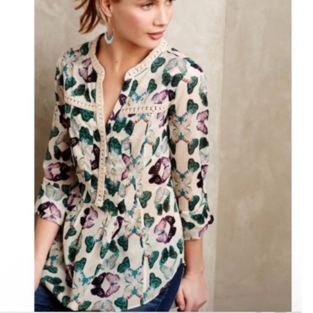 Anthropologie Maeve Butterfly Print Lace Trim Cotton Blouse Top Size 2 Teal Boho